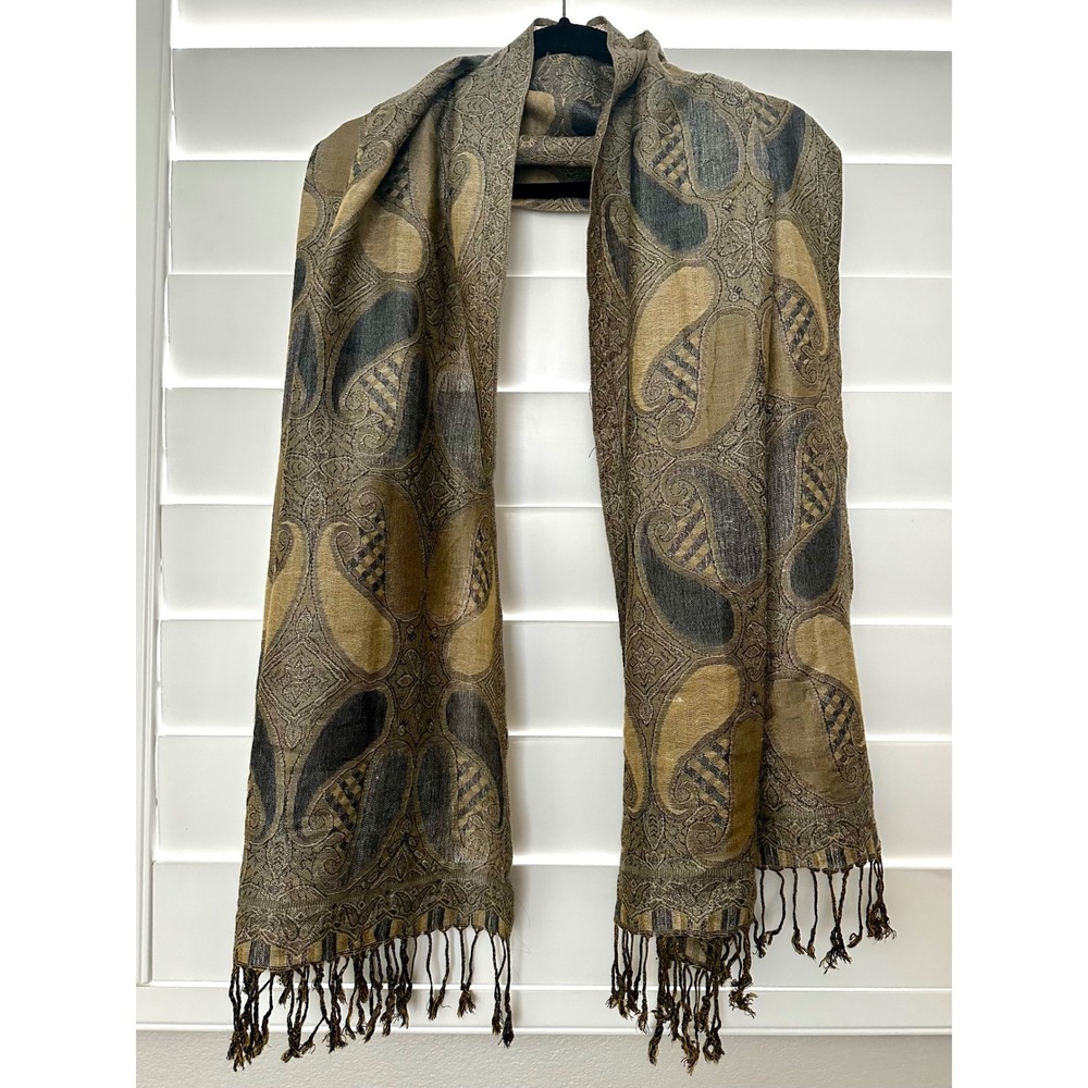 Vintage Paisley Pashmina Shawl Scarf Gold Blue Grey Fringed Wrap 28x68